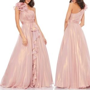 Mac Duggal One-Shoulder Rosette Iridescent Ballgown